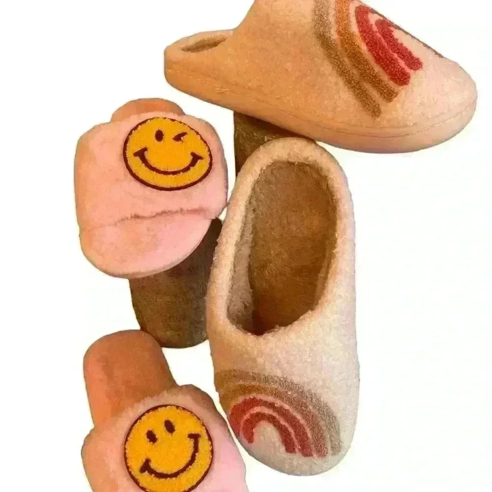 Fuzzy Slipper sSet of 2 Size 6.5 Smiley Face Open Toe Rainbow Mule